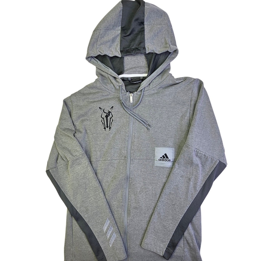 Adidas Climalite Mens‎ Long Sleeve Full Zip Hoodie Basketball Zebra Logo Grey LT